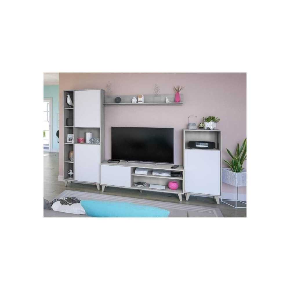 Ensemble meuble TV modulable - Zoe - Ouverture PUSH - Blanc Artik et g