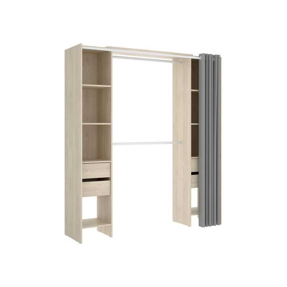 Kit dressing extensible avec rideau et 4 tiroirs - Décor chene nature