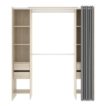 Kit dressing extensible avec rideau et 4 tiroirs - Décor chene nature