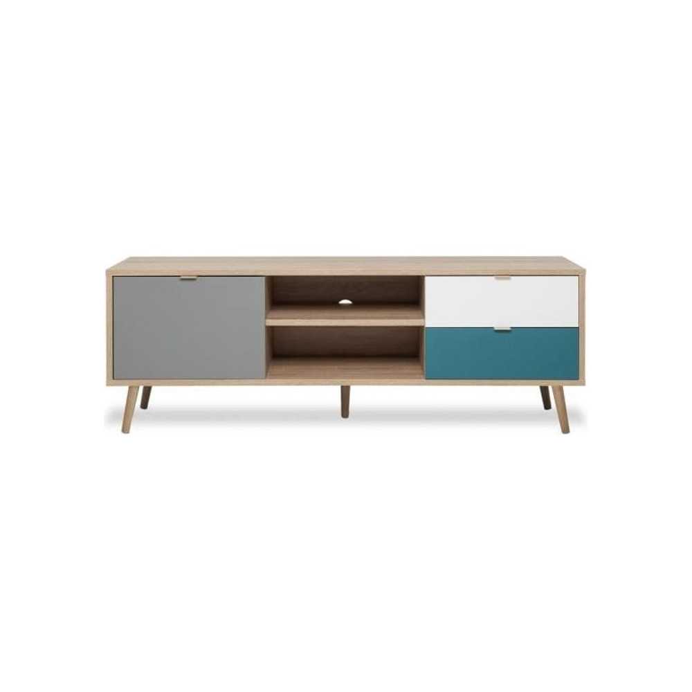 Meuble TV scandinave CUBA - Décor chene, gris, blanc et bleu pétrole