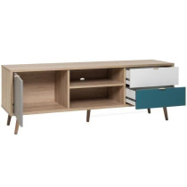 Meuble TV scandinave CUBA - Décor chene, gris, blanc et bleu pétrole
