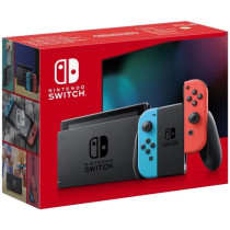 Nintendo Switch console with a neon red joy-con and a neon blue joy-co