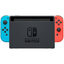 Nintendo Switch console with a neon red joy-con and a neon blue joy-co