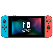 Nintendo Switch console with a neon red joy-con and a neon blue joy-co