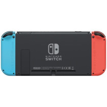 Nintendo Switch console with a neon red joy-con and a neon blue joy-co