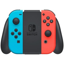 Nintendo Switch console with a neon red joy-con and a neon blue joy-co