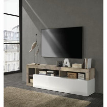 Meuble TV 1 porte - Finition Blanc Laqué et Effet Bois Vintage - L 18