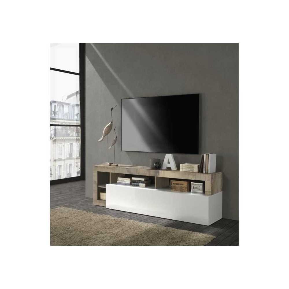 Meuble TV 1 porte - Finition Blanc Laqué et Effet Bois Vintage - L 18
