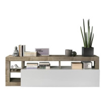 Meuble TV 1 porte - Finition Blanc Laqué et Effet Bois Vintage - L 18