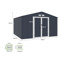 LUNEX Abri de jardin en métal 10,85 m2 - 340 x 319 x 210 - Kit d'ancr