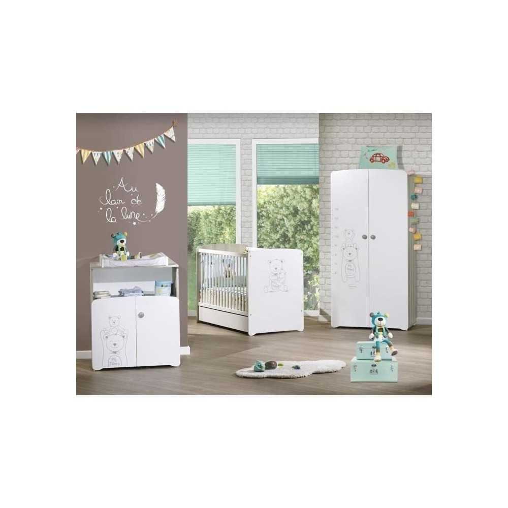 Chambre bébé trio Teddy: lit 120x60, commode a langer et armoire - B