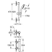 Shower set with thermostatic mixer, 1 jet shower head, 60cm bar and fl