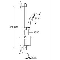 Shower set with 2 jets shower head, 60cm bar, flexible hose and shelf