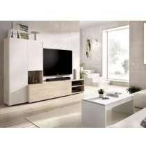 Meuble de salon TV compact - KEI - 3 portes - Chene clair / Blanc - 22