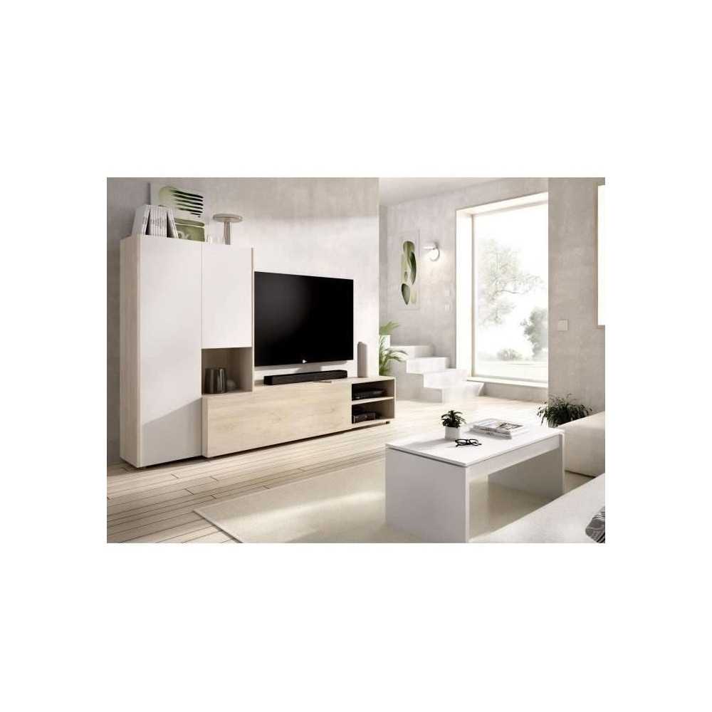 Meuble de salon TV compact - KEI - 3 portes - Chene clair / Blanc - 22
