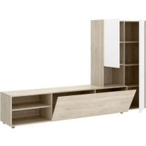 Meuble de salon TV compact - KEI - 3 portes - Chene clair / Blanc - 22