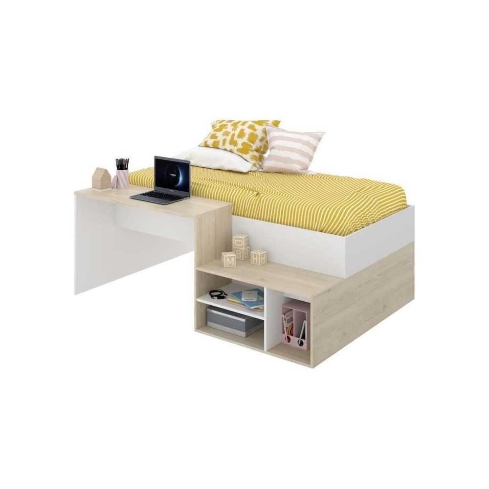 Lit combiné enfant KRIC - Chene naturel et blanc - Bureau et rangemen