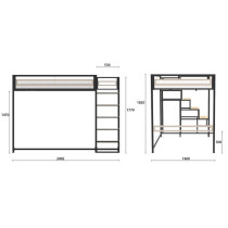 Lit mezzanine LEON - 140x190 cm - Métal noir - Sommier inclus