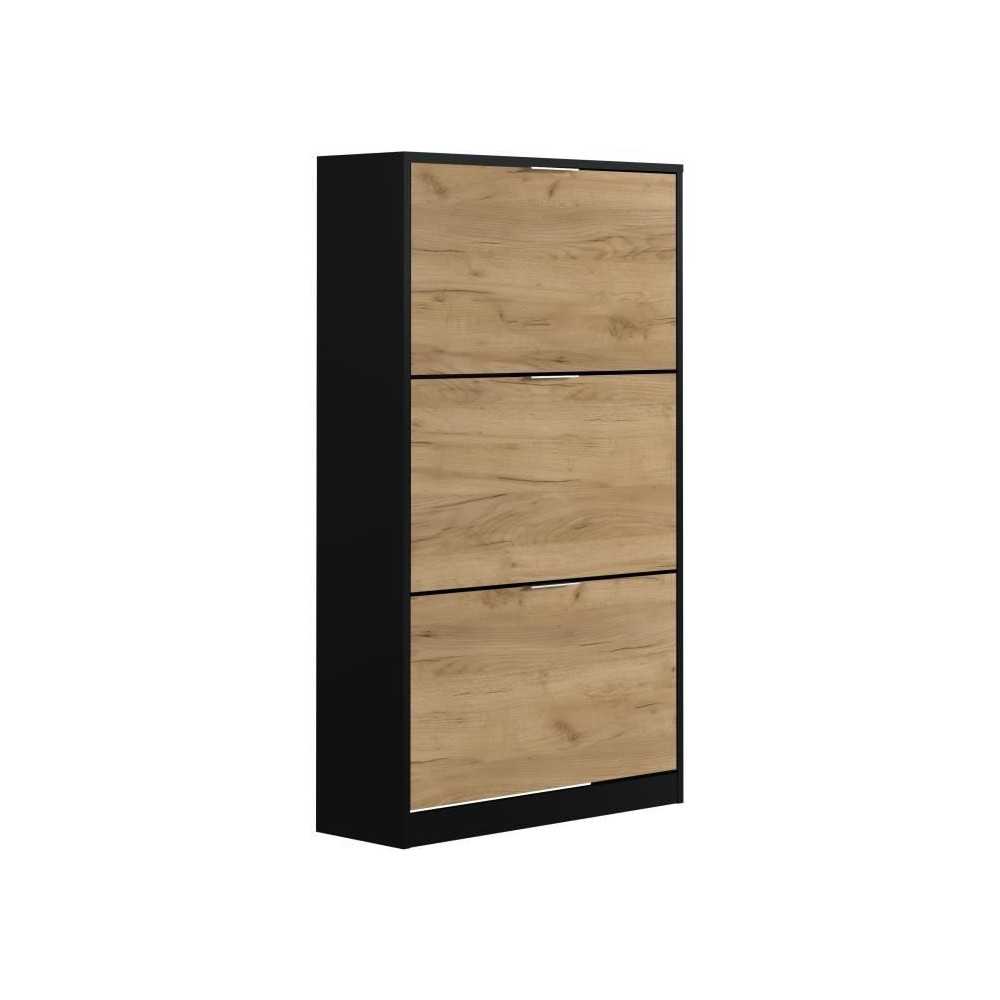 Meuble a chaussure 3 portes - Décor chene et noir - 75x25x128 cm - Le
