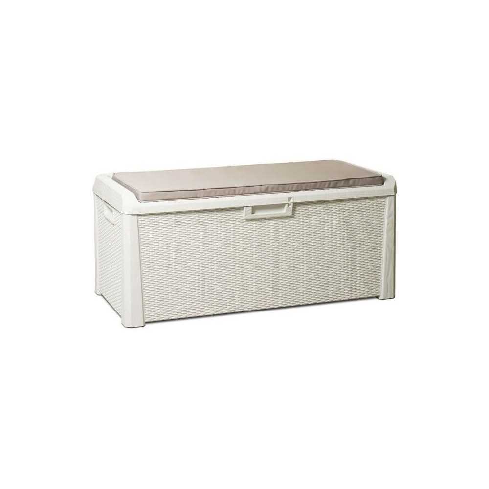 Banc coffre de jardin SANTORINI PLUS - Résine - Capacité 550L - Blan