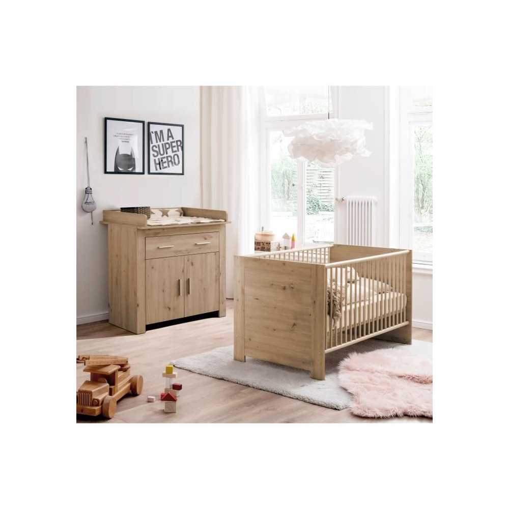 Chambre bébé Duo : Lit 70 x 140 cm + Commode a langer AHOI - Chene -