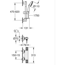 Shower set with thermostatic mixer, 3-jet shower head, 60cm bar and fl