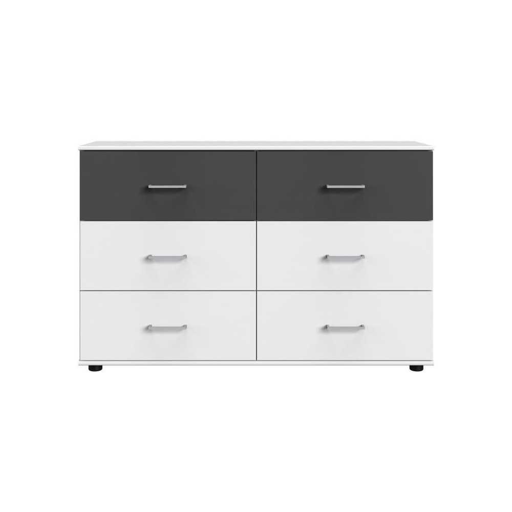 Commode - RHODES - 6 tiroirs - Blanc / Rechampis graphite - 130 x 41 x