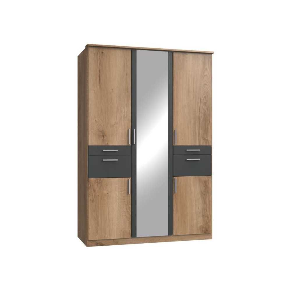 Armoire de chambre - VOLOS - Chene poutre / Graphite - 5 portes - 1 po