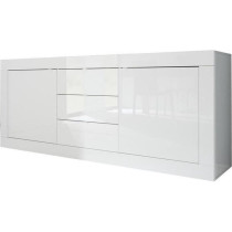 Buffet BASICO 2 Portes 3 Tiroirs Blanc Laqué brillant - L210xP42xH85,
