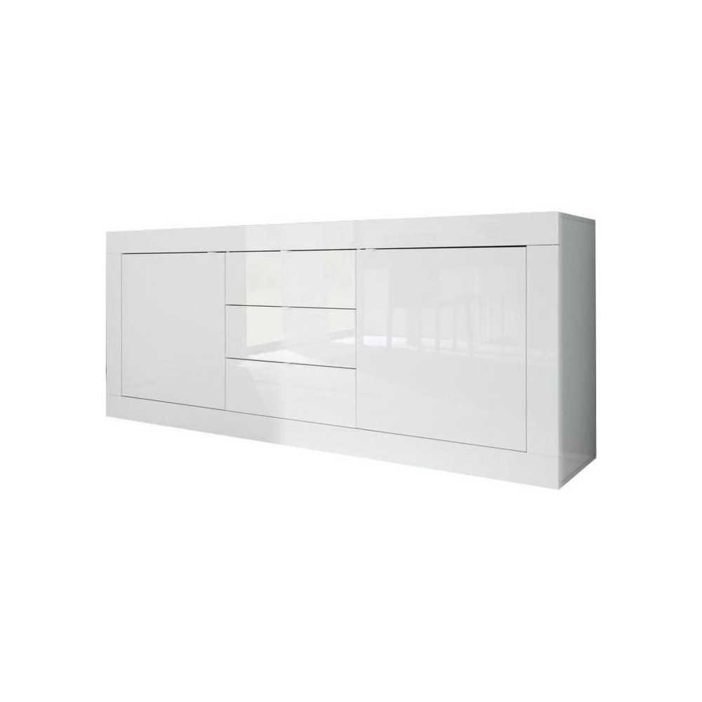 Buffet BASICO 2 Portes 3 Tiroirs Blanc Laqué brillant - L210xP42xH85,