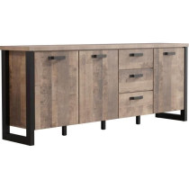 Buffet EMILE - Mélamine chene brun tabac et noir mat - 3 Portes + 3 T