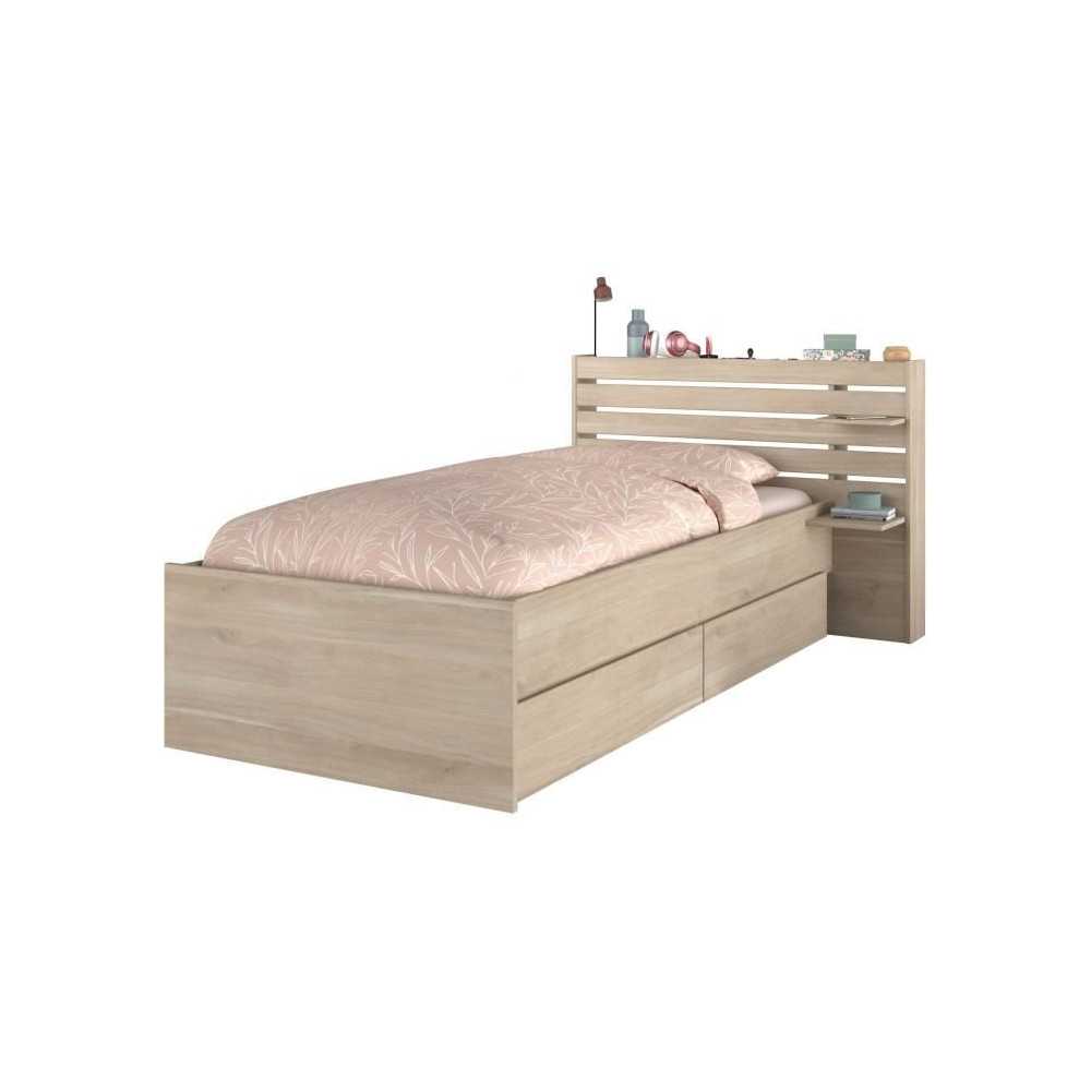 Lit enfant ESCALE 90x190/200 cm - Décor chene - Tete de lit + 2 tiroi