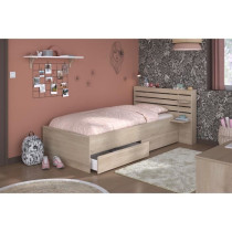 Lit enfant ESCALE 90x190/200 cm - Décor chene - Tete de lit + 2 tiroi