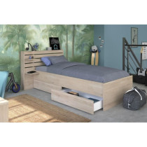 Lit enfant ESCALE 90x190/200 cm - Décor chene - Tete de lit + 2 tiroi