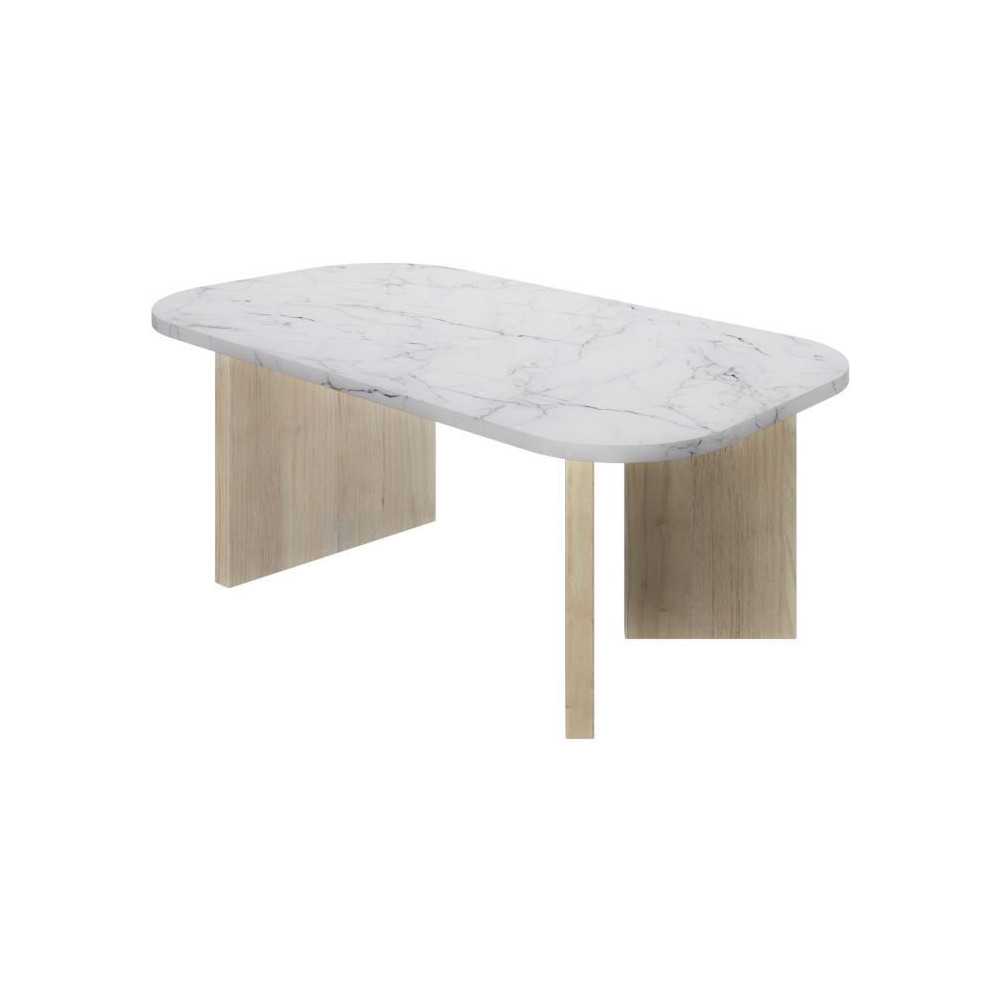 Table basse ovale - QUARTZ - Blanc effet marbre - Pieds épais en chen