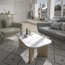 Table basse ovale - QUARTZ - Blanc effet marbre - Pieds épais en chen
