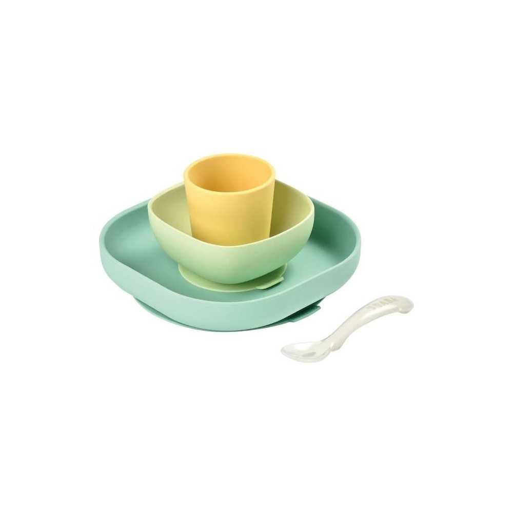 BEABA Set vaisselle silicone repas bébé, 4 pieces, avec ventouse, an