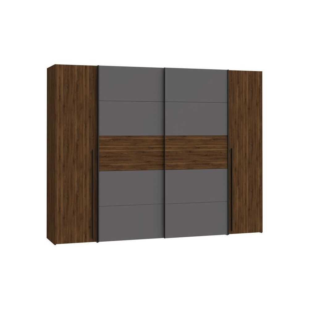 Armoire NARAGO - Décor Noyer Bakersfield et gris - 2 portes coulissan