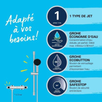Ensemble de douche avec mitigeur thermostatique, pommeau 1 jet, barre