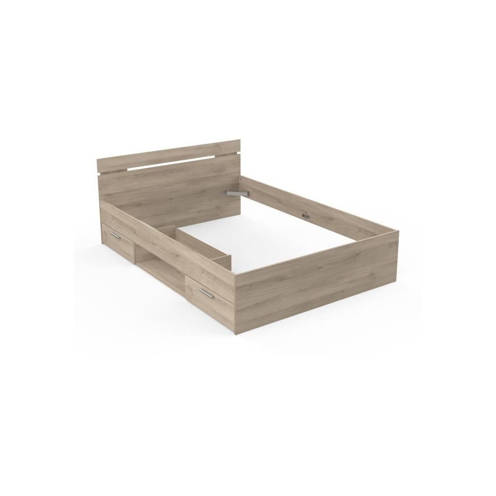 Lit adulte - MICHIGAN - 140 x 200 cm - 2 tiroirs / 1 niche - Chene Kro