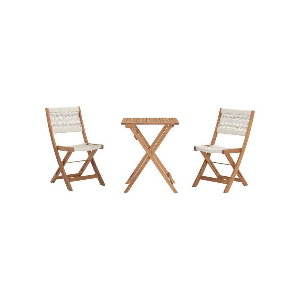 Set bistrot pliable en bois d'acacia FSC avec tressage en corde beige