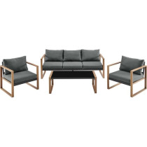 Salon bas de jardin en aluminium effet bois avec coussins - 5 personne