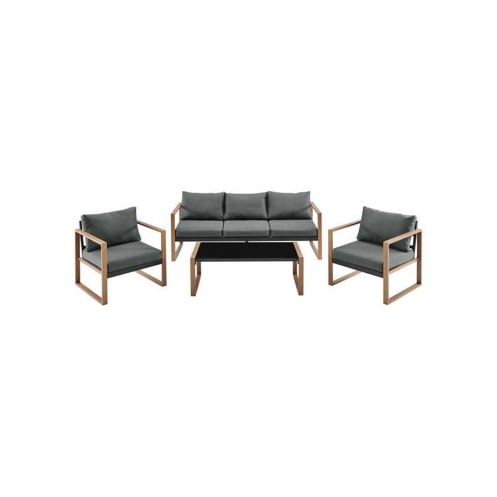 Salon bas de jardin en aluminium effet bois avec coussins - 5 personne