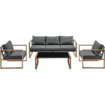 Salon bas de jardin en aluminium effet bois avec coussins - 5 personne