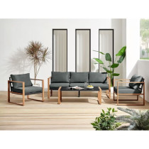 Salon bas de jardin en aluminium effet bois avec coussins - 5 personne