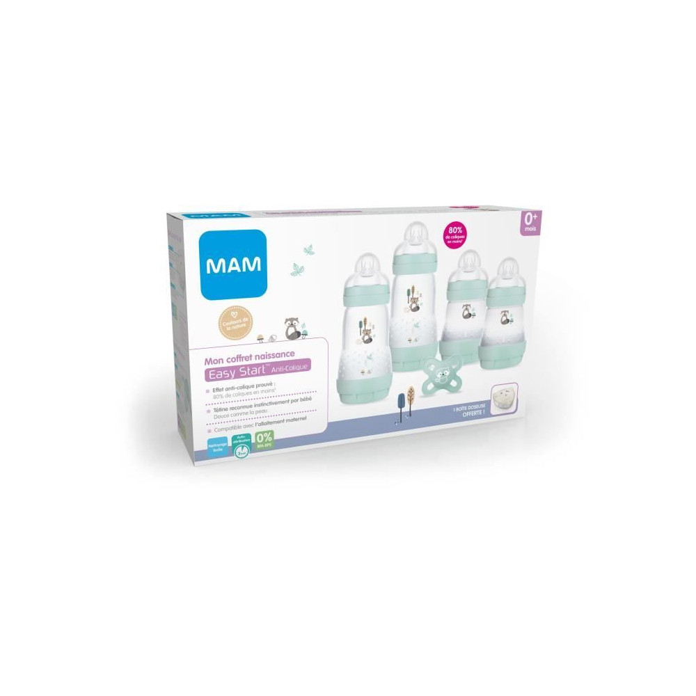 Coffret Naissance MAM Nature - Aqua - 4 Biberons + 1 Sucette + 1 Boite