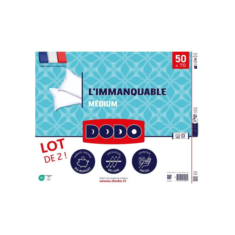 DODO - Lot de 2 oreillers - L'IMMANQUABLE - 50 x 70 cm - Blanc DODO - Lot de 2 oreillers - L'IMMANQUABLE - 50 x 70 cm - Blanc