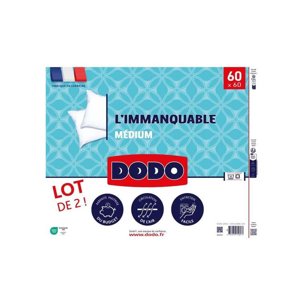 DODO - Lot de 2 oreillers - L'IMMANQUABLE - 60 x 60 cm - Blanc DODO - Lot de 2 oreillers - L'IMMANQUABLE - 60 x 60 cm - Blanc