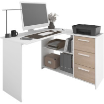 Bureau d'angle 3 tiroirs - ESSENTIEL - Décor Blanc / Chene - 121,2 x