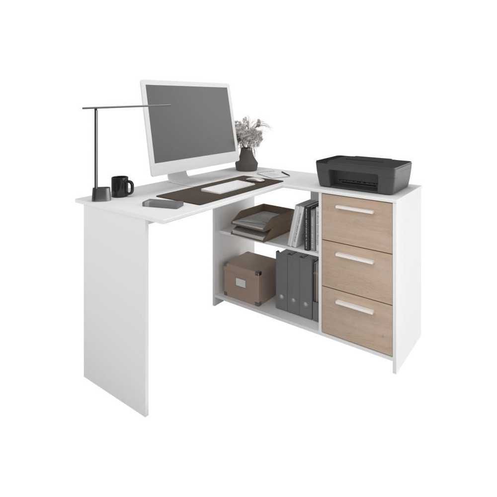 Bureau d'angle 3 tiroirs - ESSENTIEL - Décor Blanc / Chene - 121,2 x